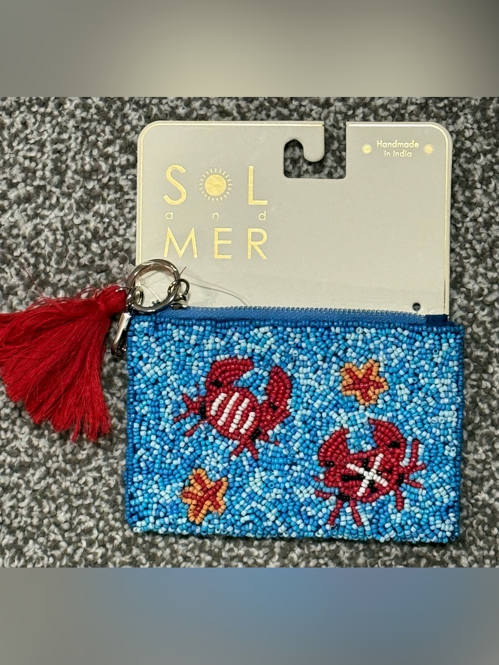 SOL and MER Beaded Crab Coin Purse - Blue with Red Accents -Crabs Starfish
